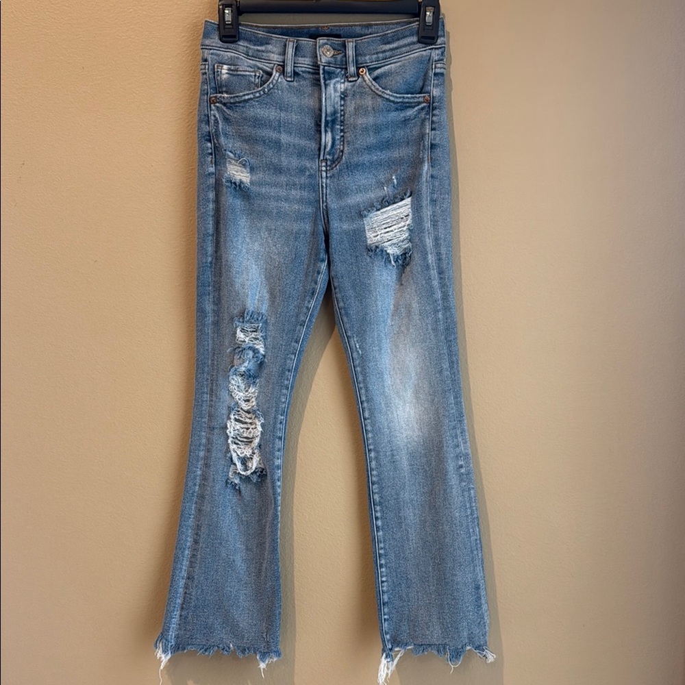 Express High Rise Cropped Flare Light Blue Distressed Jeans